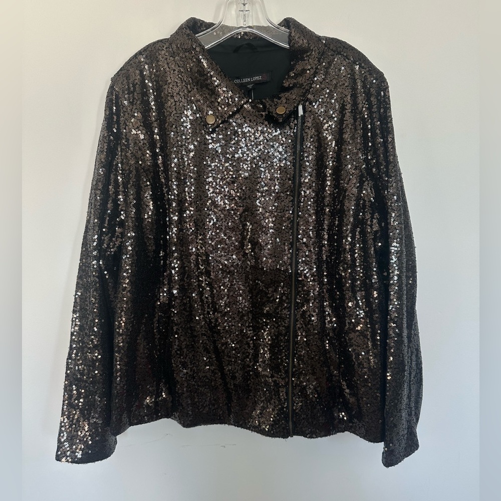 NWT Colleen Lopez Espresso Sequin Moto Jacket Sparkly Biker Blazer Size 3X - Picture 1 of 5